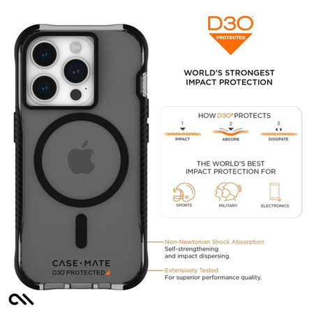 Case-Mate Tough Grip Plus D3O MagSafe - Étui pour iPhone 15 Pro (Fumé/Noir)