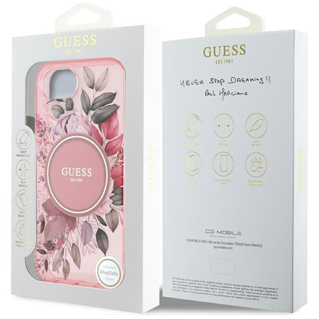 Guess IML Flowers MagSafe - pouzdro pro iPhone 16e (růžové)