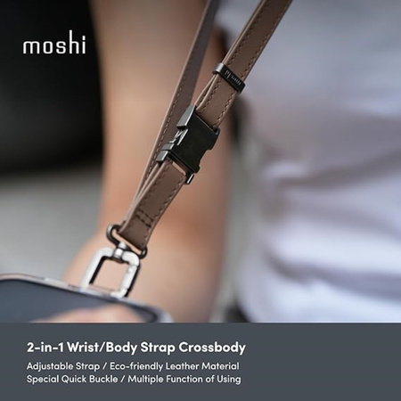Moshi 2-in-1 Wrist & Body Strap with Adapter - eko kožená šňůrka na telefon (mlžná korálová)