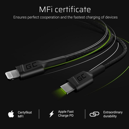 Green Cell Power Stream - Câble USB-C - Lightning 100 cm avec support Power Delivery (certifié Apple MFi)