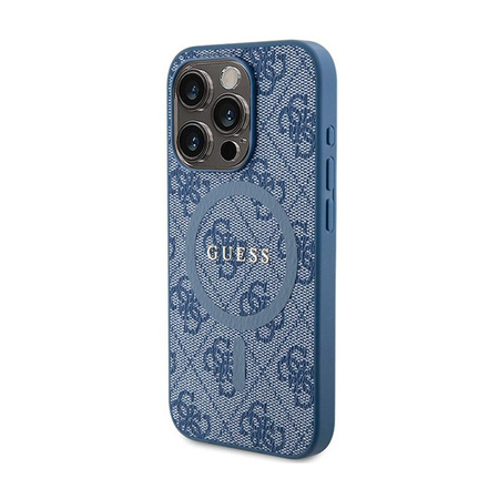 Guess 4G Collection Cuir Logo Métal MagSafe - Étui iPhone 15 Pro Max (bleu)