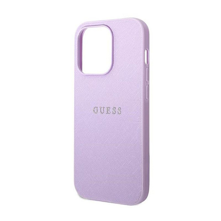 Pouzdro Guess Saffiano Metal Logo Stripes - iPhone 14 Pro (lila)