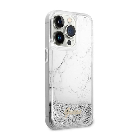 Guess Liquid Glitter Marble - Coque iPhone 14 Pro (Blanc)