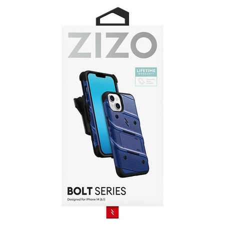 ZIZO BOLT sorozat - Páncélozott iPhone 14 tok 9H üveggel a képernyőhöz + tartó állvánnyal (kék)