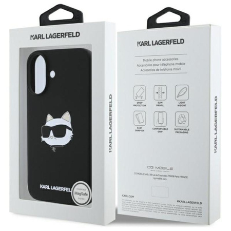 Karl Lagerfeld Silikonové pouzdro MagSafe s potiskem hlavy Choupette - iPhone 16 (černé)