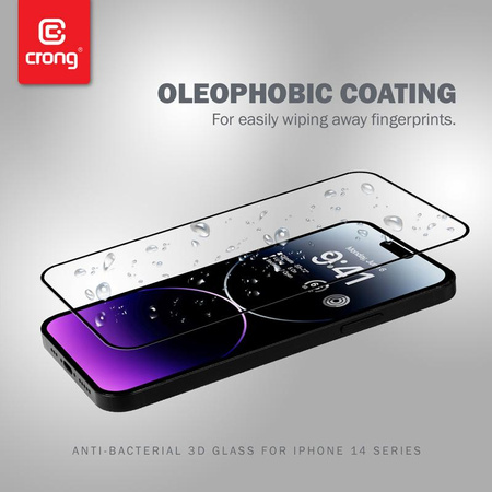 Crong Anti-Bacterial 3D Armor Glass - Vetro temperato 9H per iPhone 14 Pro Max a schermo intero + telaio di installazione