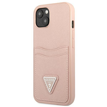 Guess Saffiano Double Card Triangle - pouzdro pro iPhone 13 mini (růžové)