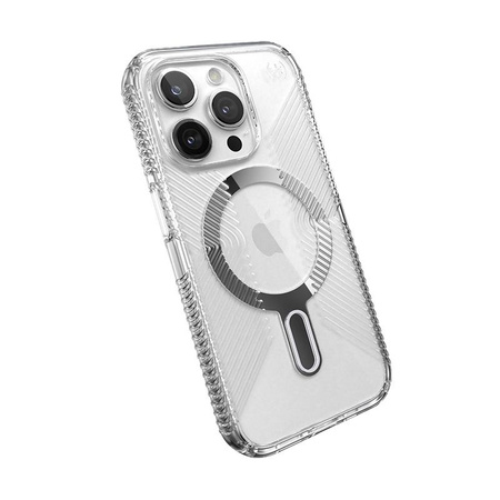 Speck Presidio Perfect-Clear Grip ClickLock & MagSafe - Coque pour iPhone 15 Pro (Transparent / Finition Chrome / Argent Serein)