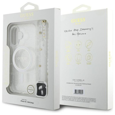 Guess IML Glitter With Pearl Strap MagSafe - pouzdro pro iPhone 16 Plus (průhledné)