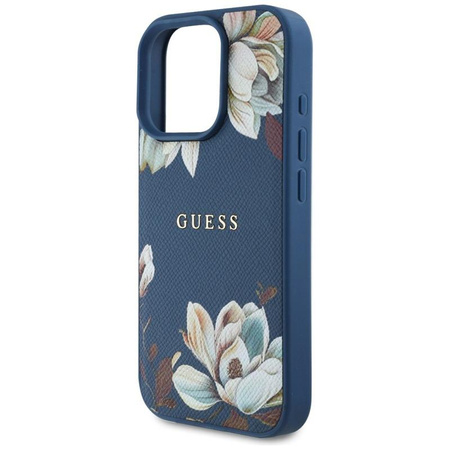 Guess Genarbtes Blumenmuster MagSafe - Hülle für iPhone 16 Pro Max (blau)