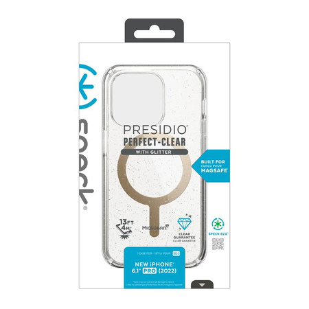 Speck Presidio Perfect-Clear mit Glitter + MagSafe - iPhone 14 Pro Hülle mit MICROBAN Beschichtung (Klar / Gold Glitter)