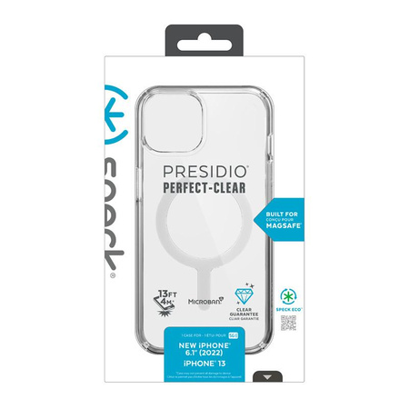 Speck Presidio Perfect-Clear + MagSafe - Coque pour iPhone 14 / iPhone 13 avec revêtement MICROBAN (Transparent)