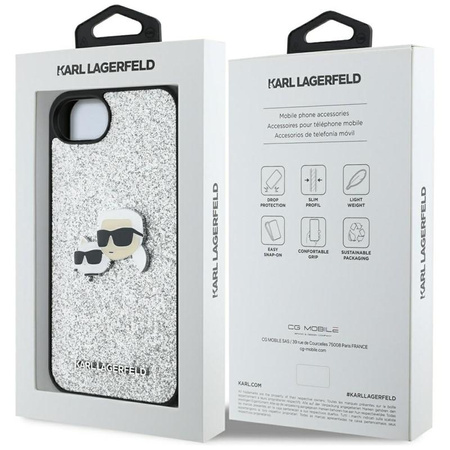 Karl Lagerfeld Fixed Glitter Karl & Choupette Heads Metal Pin - Carcasa para iPhone 16e (plateado)