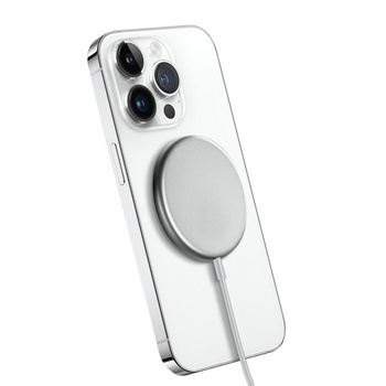 Crong MagSpot Wireless Charger - MagSafe 15W Aluminium Inductive Charger (Silver White)