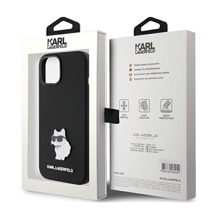 Karl Lagerfeld Silikonový kovový špendlík Choupette - pouzdro na iPhone 15 (černé)