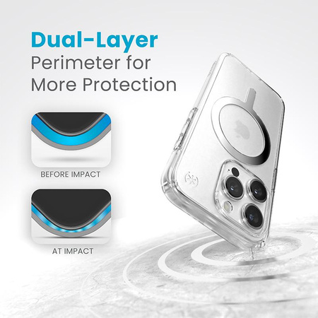 Speck Presidio Perfect-Clear MagSafe - Custodia per iPhone 15 Pro (Trasparente / Finitura cromata / Argento Serene)
