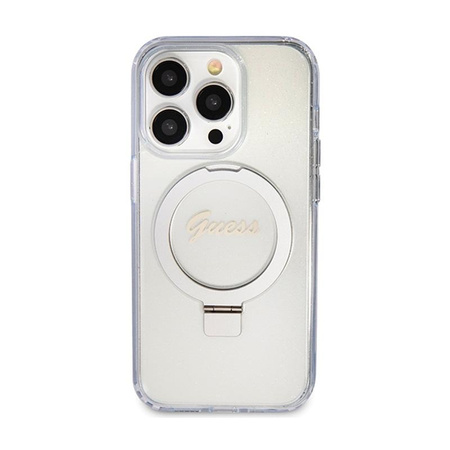 Guess Ring Stand Script Glitter MagSafe - iPhone 15 Pro Tasche (Transparent)