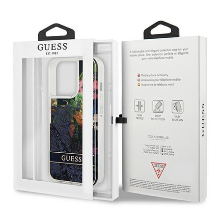 Guess Liquid Glitter Flower - pouzdro pro iPhone 13 Pro Max (modré)