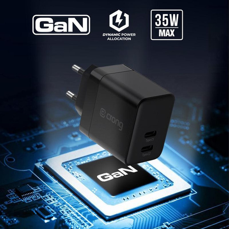 Crong Ultra Compact GaN - 35W PD 3.0 2x USB-C hálózati töltő (fekete)