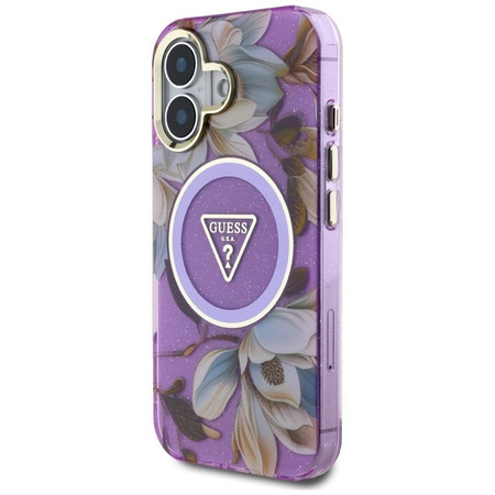 Guess Glitter Flowers Triangle Buttons MagSafe - Pouzdro pro iPhone 16 (fialový)