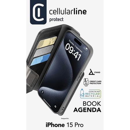 Cellularline Book Agenda - pouzdro pro iPhone 15 Pro s povrchovou úpravou MICROBAN (černé)