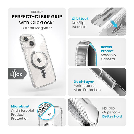 Speck Presidio Perfect-Clear Grip ClickLock & MagSafe - Hülle für iPhone 16e / iPhone 15 / iPhone 14 / iPhone 13 (Transparent / Chrom-Finish / Serene Silver)