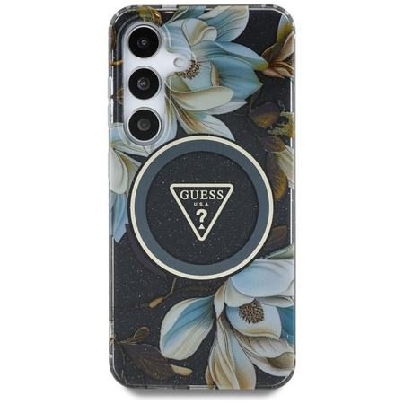 Guess Glitter Flowers Triangle Buttons MagSafe - Case for Samsung Galaxy S25 (black)