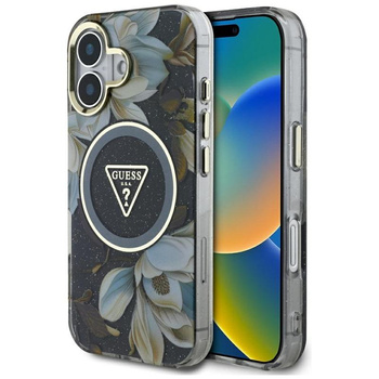 Guess Glitter Flowers Triangle Buttons MagSafe - pouzdro pro iPhone 16 (černé)
