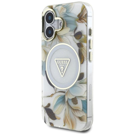 Guess Glitter Flowers Triangle Buttons MagSafe - étui pour iPhone 16 (blanc)