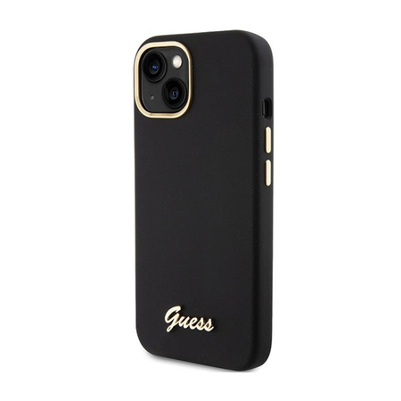 Guess Silikon Script Metall Logo & Rahmen - iPhone 15 Hülle (schwarz)