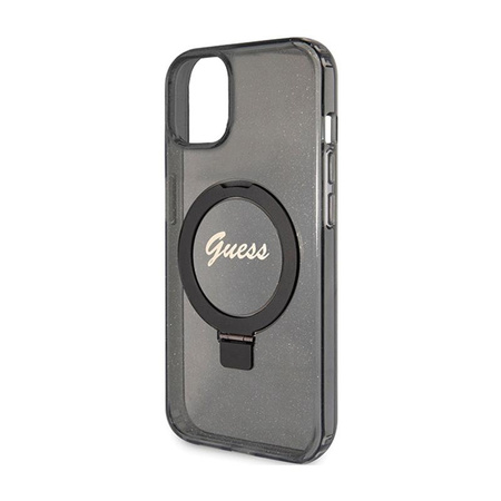 Guess Ring Stand Script Glitter MagSafe - iPhone 15 Plus tok (fekete)