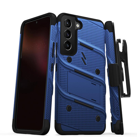 ZIZO BOLT Serie - Samsung Galaxy S22 gepanzerte Hülle mit 9H Glas für Bildschirm + Halterung mit Ständer (blau)