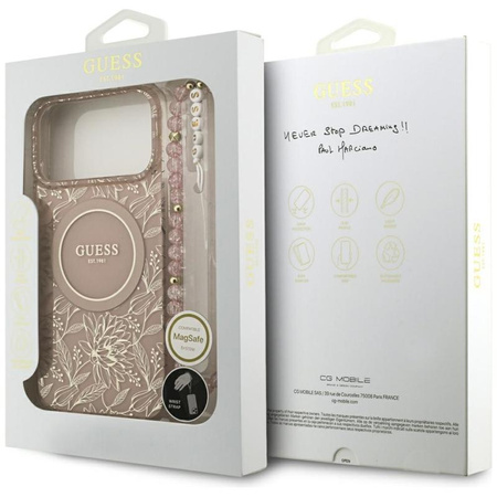 Guess IML Flowers Electro Pearl Strap MagSafe - Pouzdro iPhone 17 Pro Max (růžový)