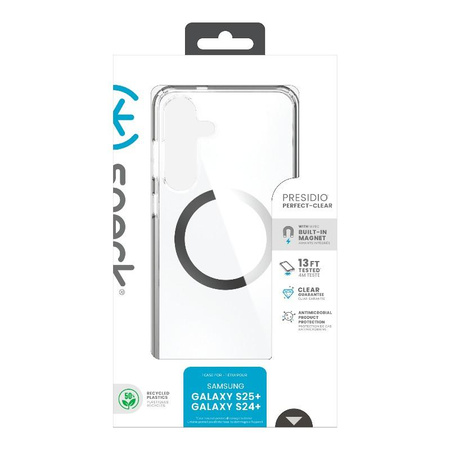 Speck Presidio Perfect-Clear Magnet - Custodia MagSafe per Samsung Galaxy S25+ / S24+ (Trasparente / Finitura cromata / Argento Serene)