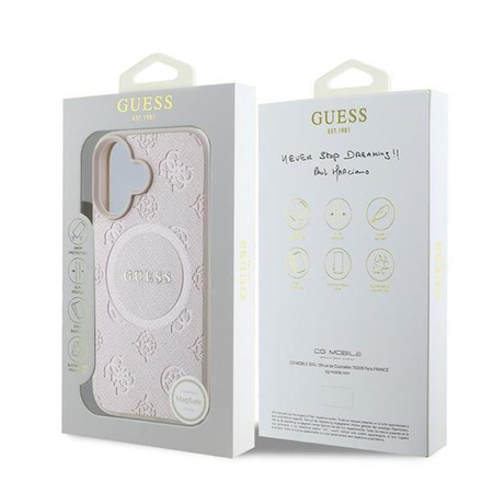 Guess Saffiano Peony Classic Logo MagSafe - Étui pour iPhone 16 Plus (rose)