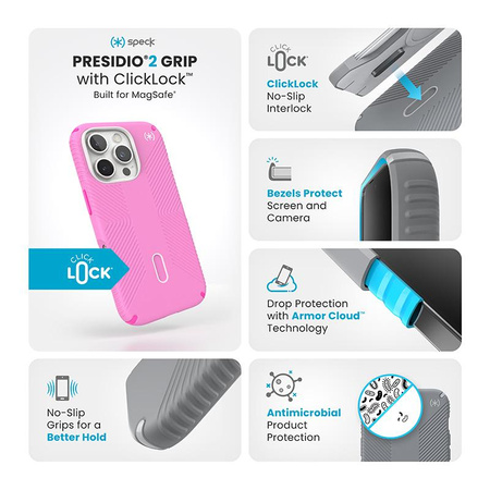 Speck Presidio2 Grip ClickLock & MagSafe - iPhone 16 Pro Hülle (True Pink / Shocking Pink / Weiß)