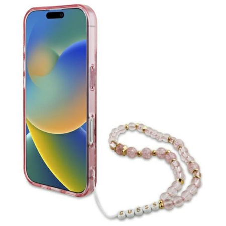 Guess IML Flowers With Pearl Strap MagSafe - pouzdro pro iPhone 16 (růžové)
