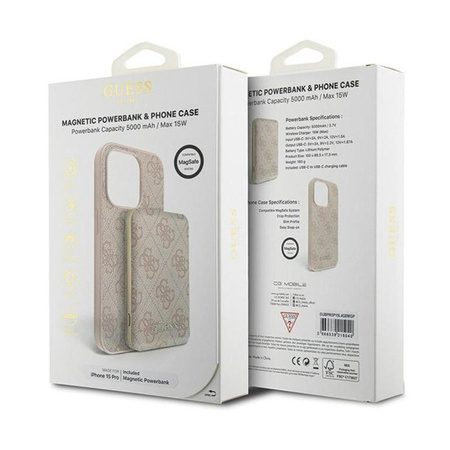 Guess Bundle Pack MagSafe 4G Metal Gold Logo - Case Set + Power Bank 5000mAh MagSafe iPhone 15 Pro (pink)