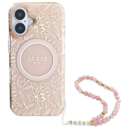 Guess IML Flowers Allover Electro With Pearl Strap MagSafe - Pouzdro pro iPhone 16 (Růžové)
