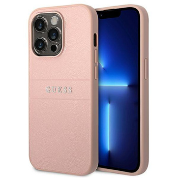 Guess Saffiano Metal Logo Stripes - Etui iPhone 14 Pro Max (różowy)