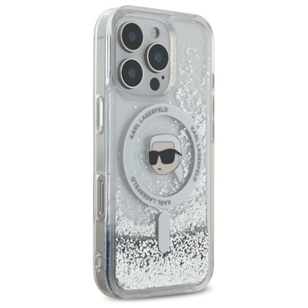 Karl Lagerfeld Liquid Glitter Karl Head MagSafe - iPhone 16 Pro Tasche (Transparent)