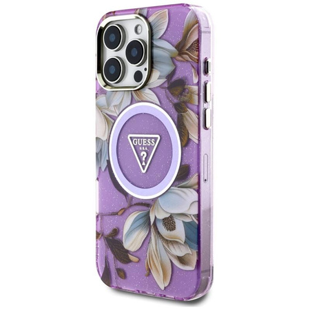 Guess Glitter Flowers Triangle Buttons MagSafe - Case for iPhone 16 Pro Max (purple)