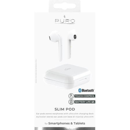 PURO SLIM POD TWS 5.0 – Bezprzewodowe słuchawki Bluetooth V5.0 z etui ładującym, wodoszczelność IPX5 (Biały)
