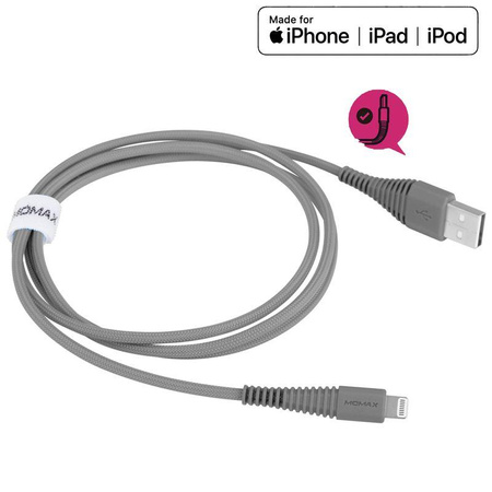 Momax Tough link - Kabel połączeniowy USB do Lightning MFi , 2.4 A, 1.2 m (Gray)