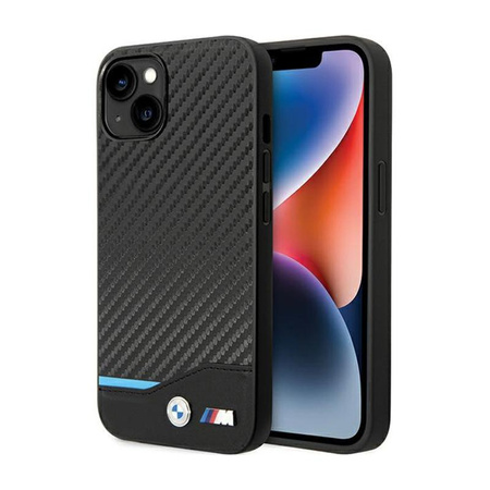 BMW Leder Carbon Blue Line - iPhone 13 Tasche (Schwarz)