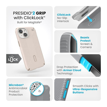 Speck Presidio2 Grip ClickLock & Magsafe - pouzdro pro iPhone 15 (Bělená kost / Zlaté dědictví / Lískově hnědá)