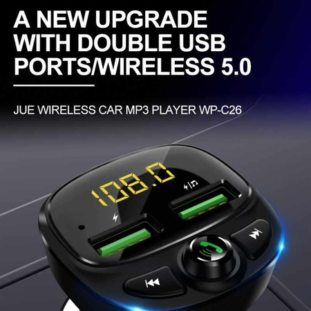 WEKOME WP-C26 - Bluetooth / MicroSD / 2x USB-A FM vysílač + 17W nabíječka do auta (černá)