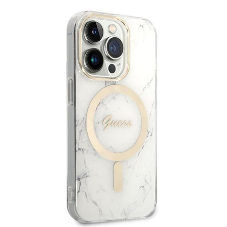 Guess Bundle Pack MagSafe IML Marble - pouzdro MagSafe pro iPhone 14 Pro Max + sada nabíječky (bílá/zlatá)