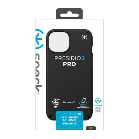 Speck Presidio2 Pro - Antibakterielle iPhone 14 / iPhone 13 Hülle (Schwarz / Schwarz / Weiß)