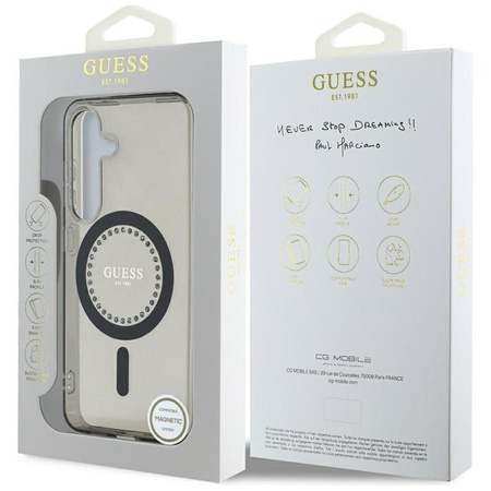 Guess Strasszos nyomtatott klasszikus logó MagSafe - tok Samsung Galaxy S25 (fekete)